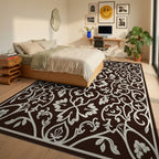 Ornate Brown Cream Leafy Scrollwork Rug - Bedroom View