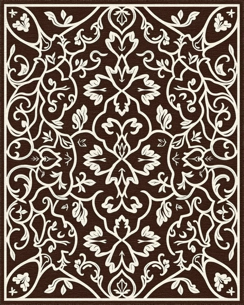 Ornate Brown Cream Leafy Scrollwork Rug - Cutout View