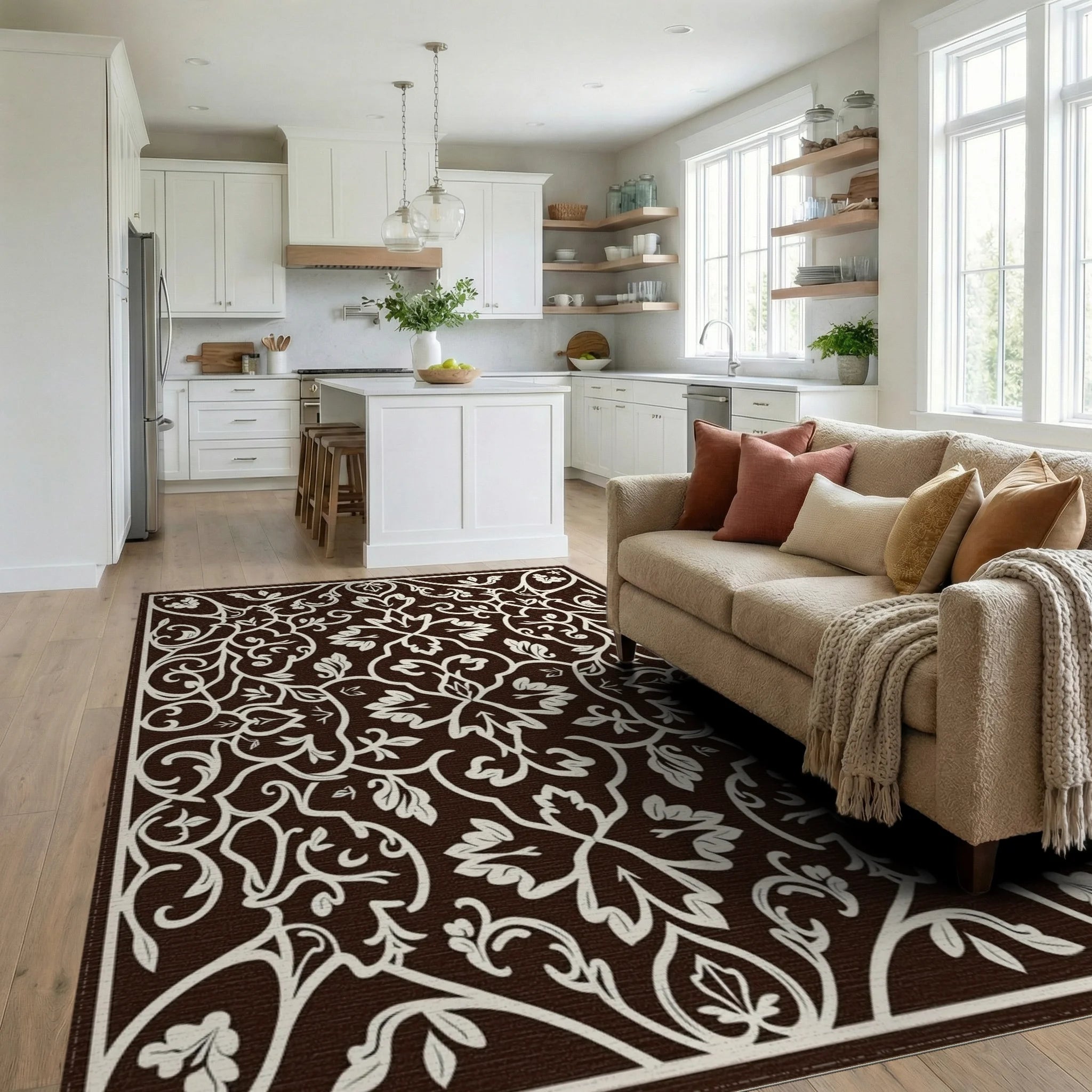 Ornate Brown Cream Leafy Scrollwork Rug - Living Room View