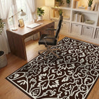 Ornate Brown Cream Leafy Scrollwork Rug - Office View