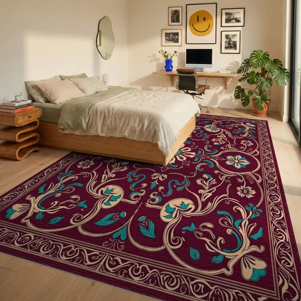 Ornate Burgundy Teal Floral Scrollwork Rug Bedroom View