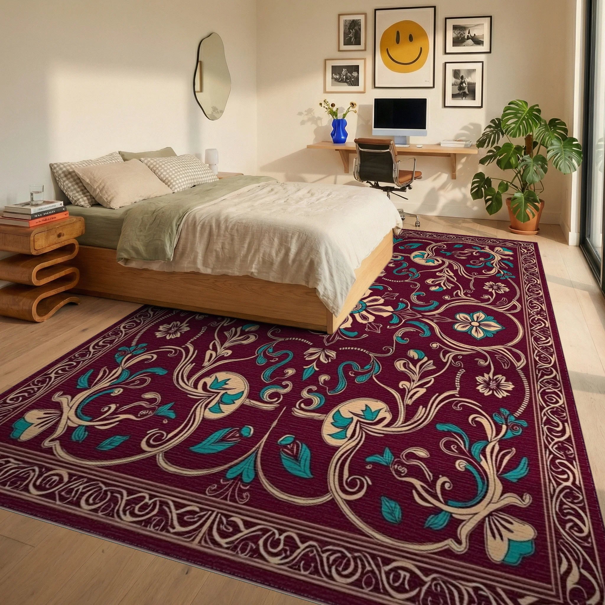 Ornate Burgundy Teal Floral Scrollwork Rug Bedroom View