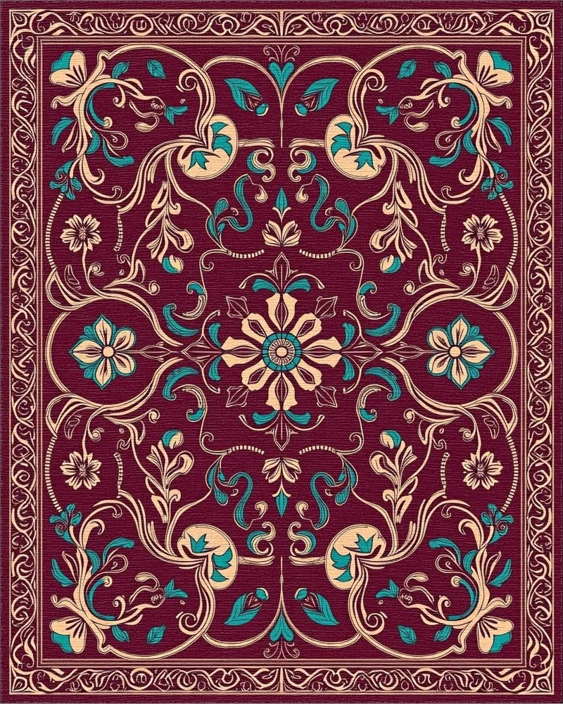 Ornate Burgundy Teal Floral Scrollwork Rug - Cutout View