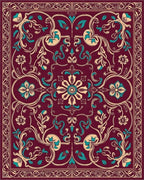 Ornate Burgundy Teal Floral Scrollwork Rug - Cutout View