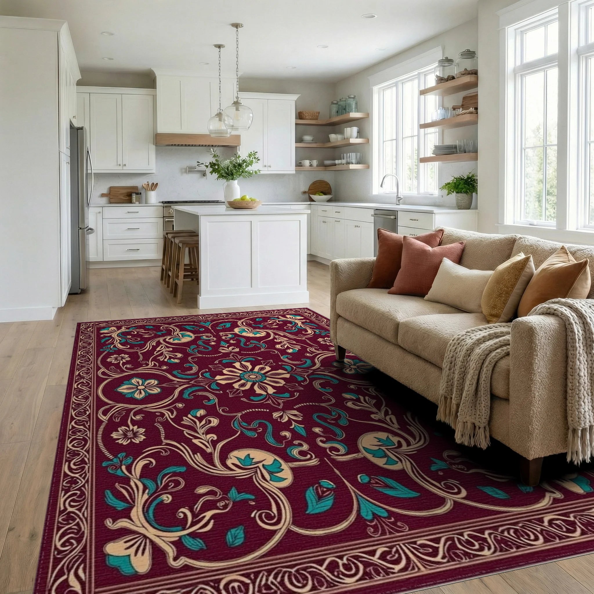 Ornate Burgundy Teal Floral Scrollwork Rug Living Room View
