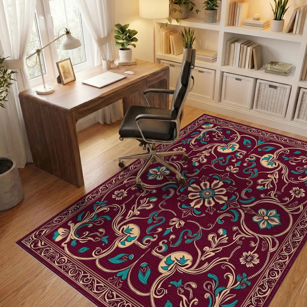 Ornate Burgundy Teal Floral Scrollwork Rug Office View