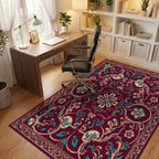 Ornate Burgundy Teal Floral Scrollwork Rug Office View