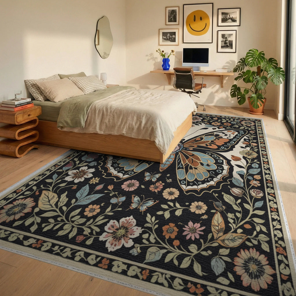Ornate Butterfly Garden Bloom Arrangement Rug Bedroom View