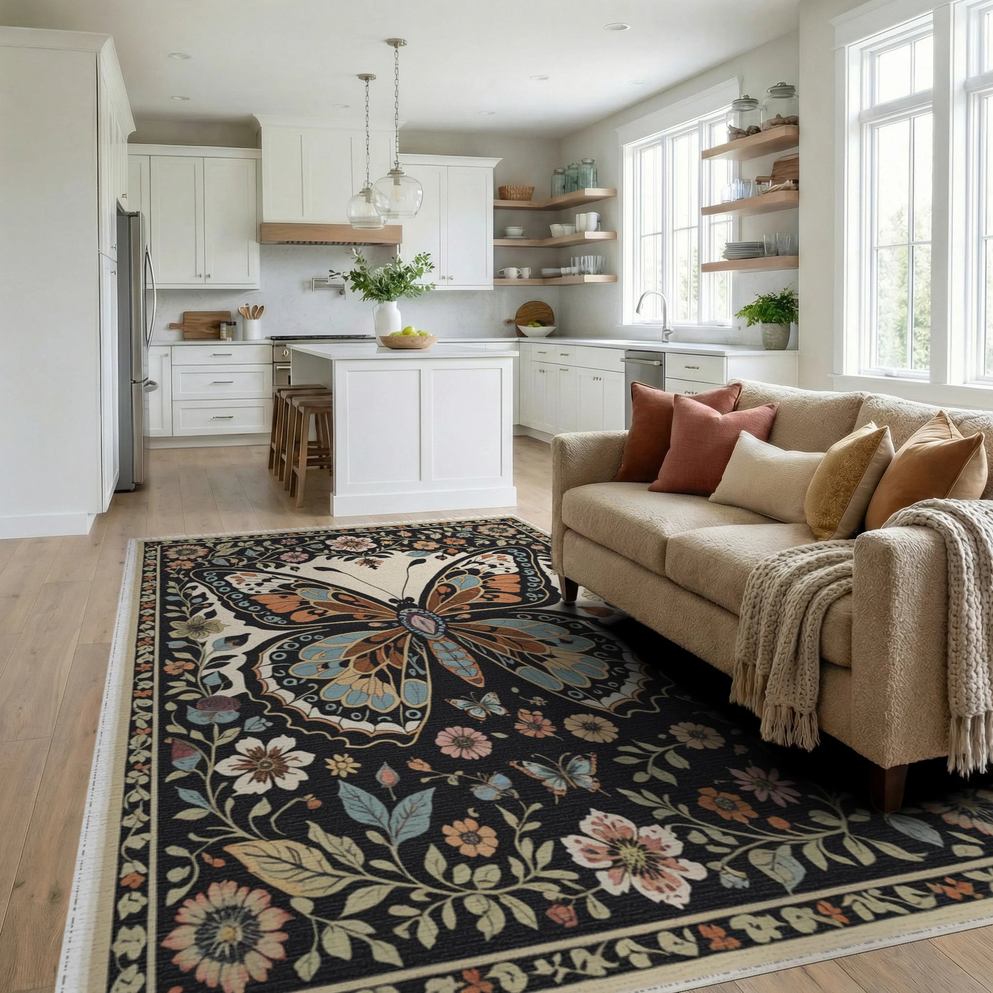 Ornate Butterfly Garden Bloom Arrangement Rug Living Room View