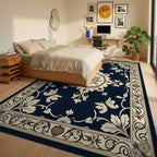 Ornate Cream and Navy Floral Rug Bedroom View