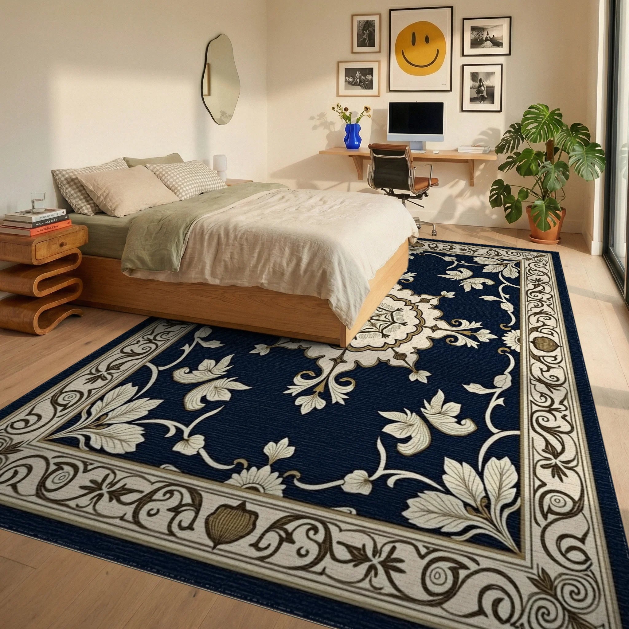 Ornate Cream and Navy Floral Rug Bedroom View