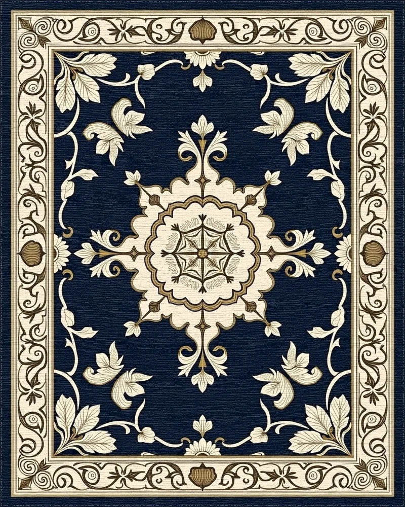 Ornate Cream and Navy Floral Rug - Cutout View