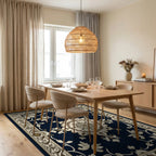 Ornate Cream and Navy Floral Rug Dining Room View