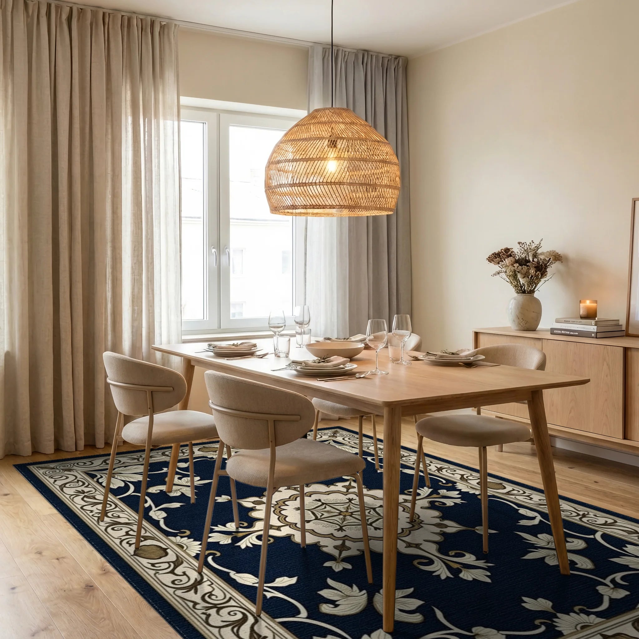 Ornate Cream and Navy Floral Rug Dining Room View