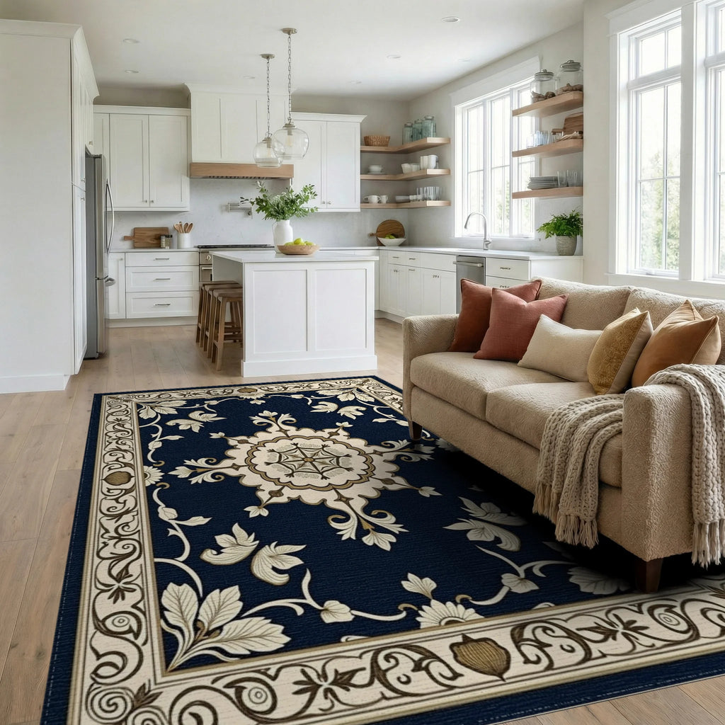 Ornate Cream and Navy Floral Rug Living Room View