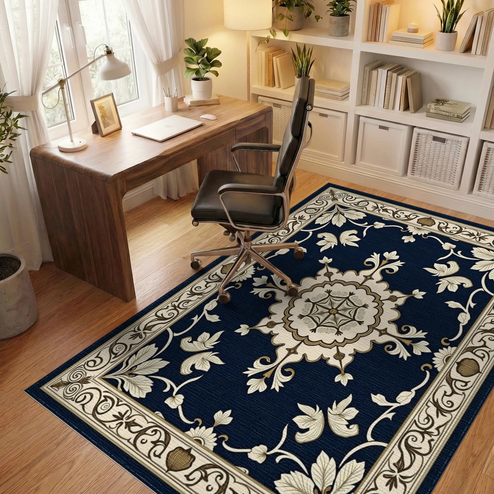 Ornate Cream and Navy Floral Rug Office View
