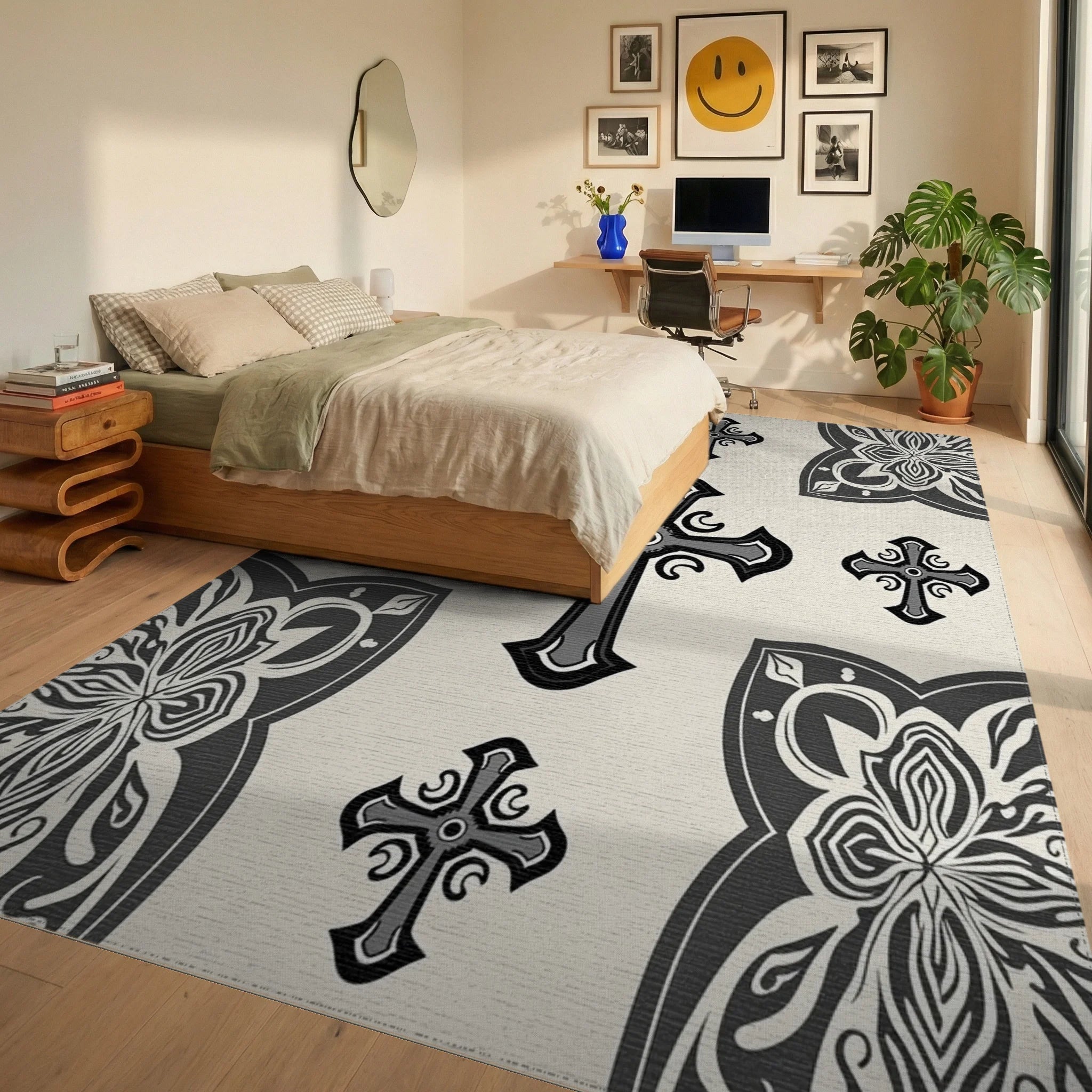 Ornate Cross Patterned Dark Grey Rug - Bedroom View