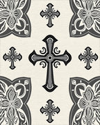 Ornate Cross Patterned Dark Grey Rug - Cutout View