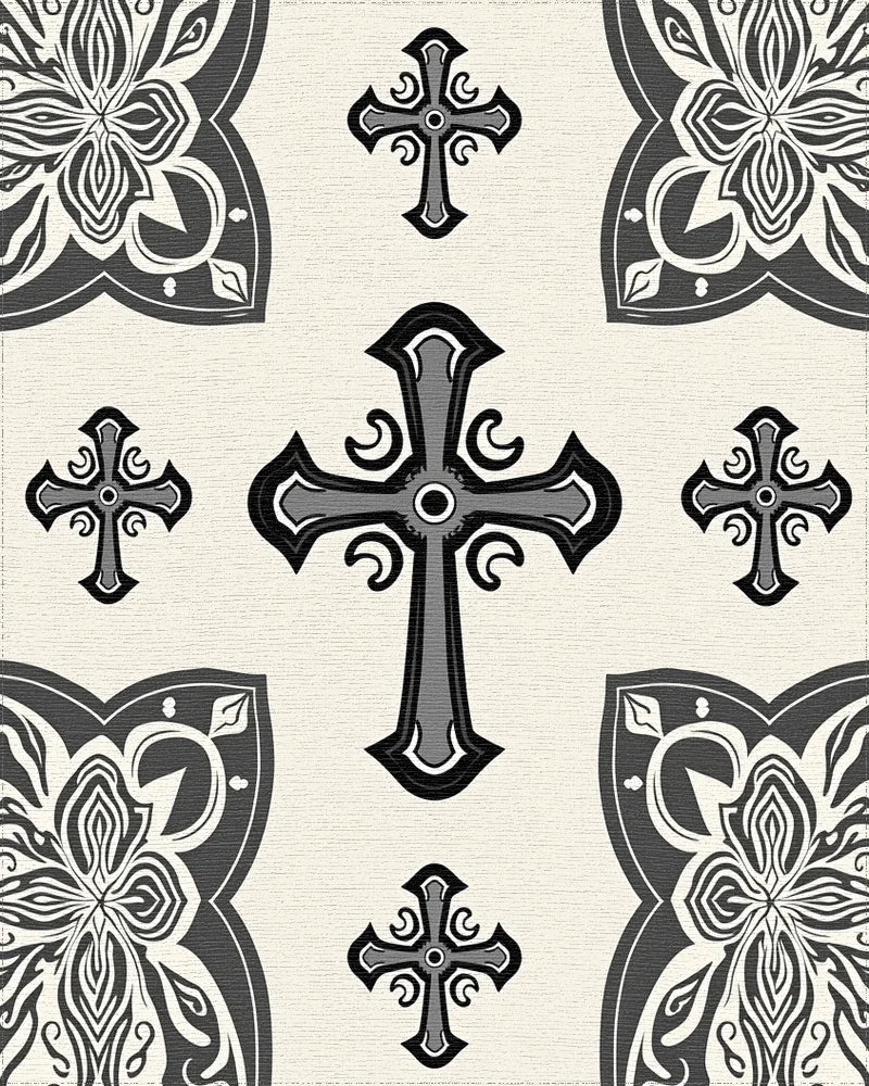 Ornate Cross Patterned Dark Grey Rug - Cutout View