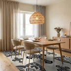 Ornate Cross Patterned Dark Grey Rug - Dining Room View