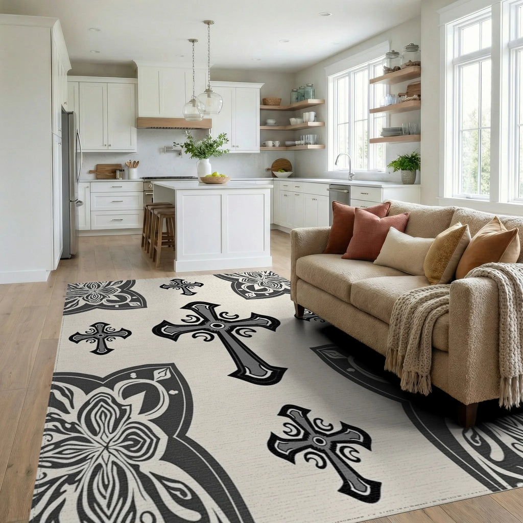 Ornate Cross Patterned Dark Grey Rug - Living Room View