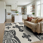 Ornate Cross Patterned Dark Grey Rug - Living Room View
