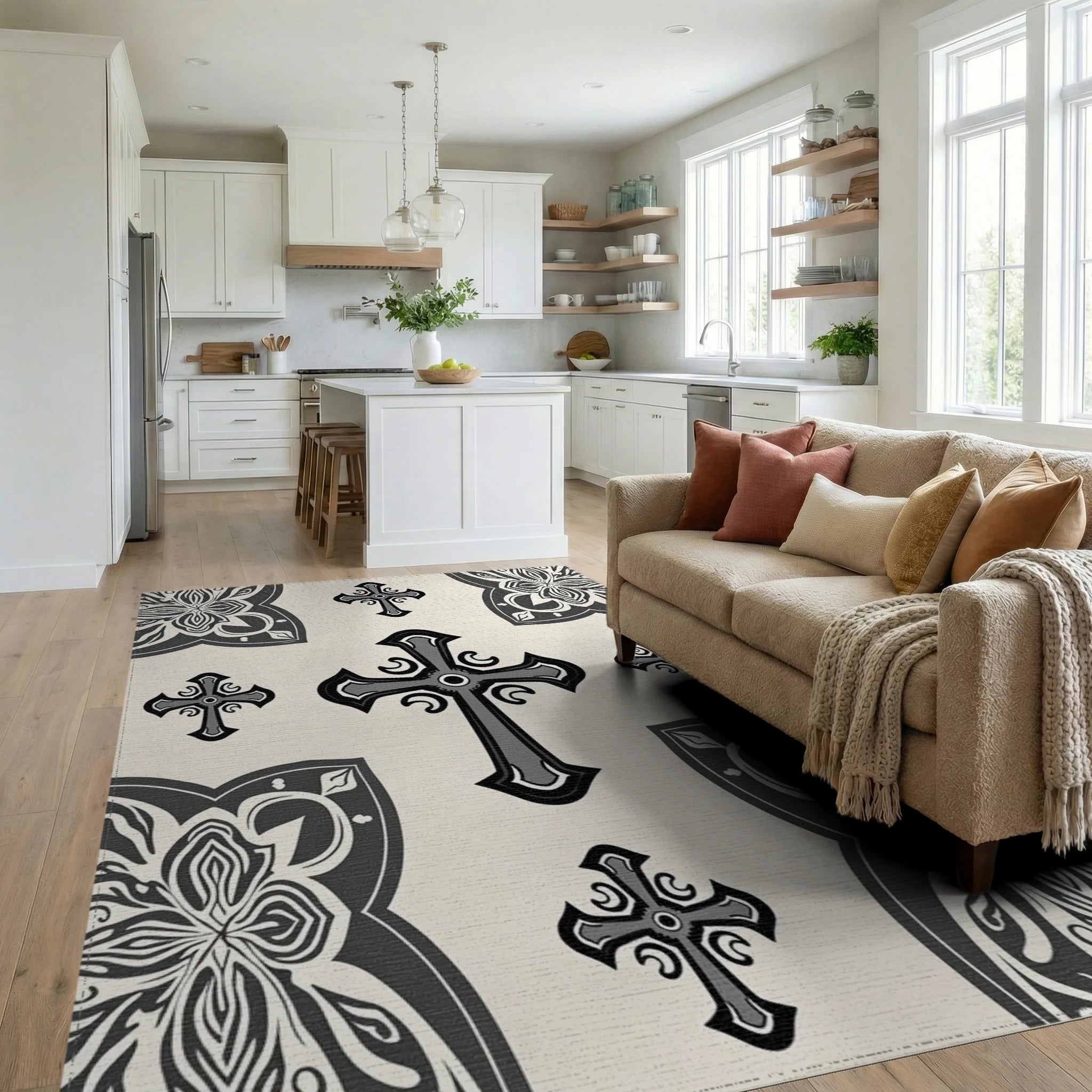 Ornate Cross Patterned Dark Grey Rug - Living Room View