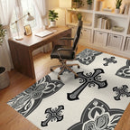 Ornate Cross Patterned Dark Grey Rug - Office View