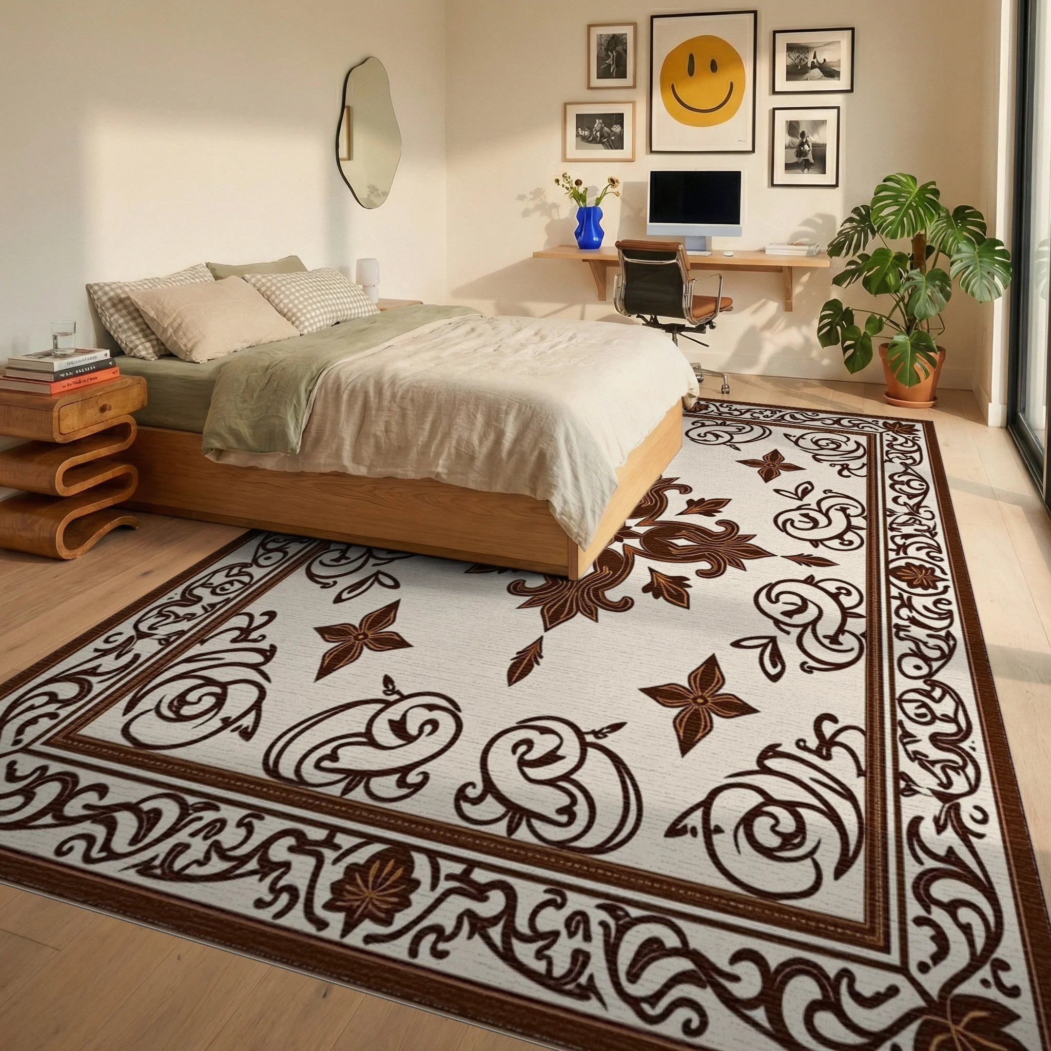 Ornate Dark Brown Floral Border Rug Bedroom View