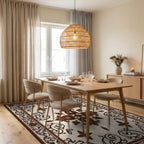 Ornate Dark Brown Floral Border Rug Dining Room View