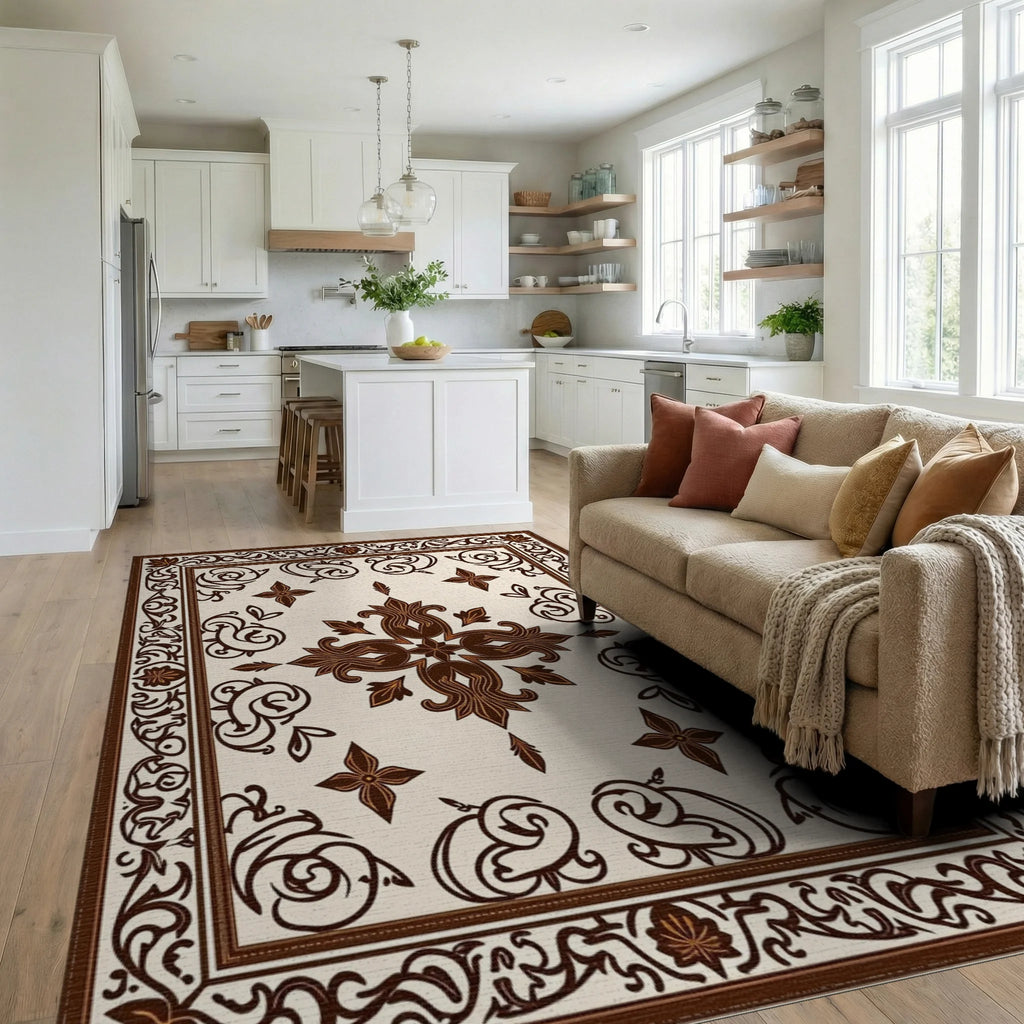 Ornate Dark Brown Floral Border Rug Living Room View