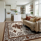 Ornate Dark Brown Floral Border Rug Living Room View