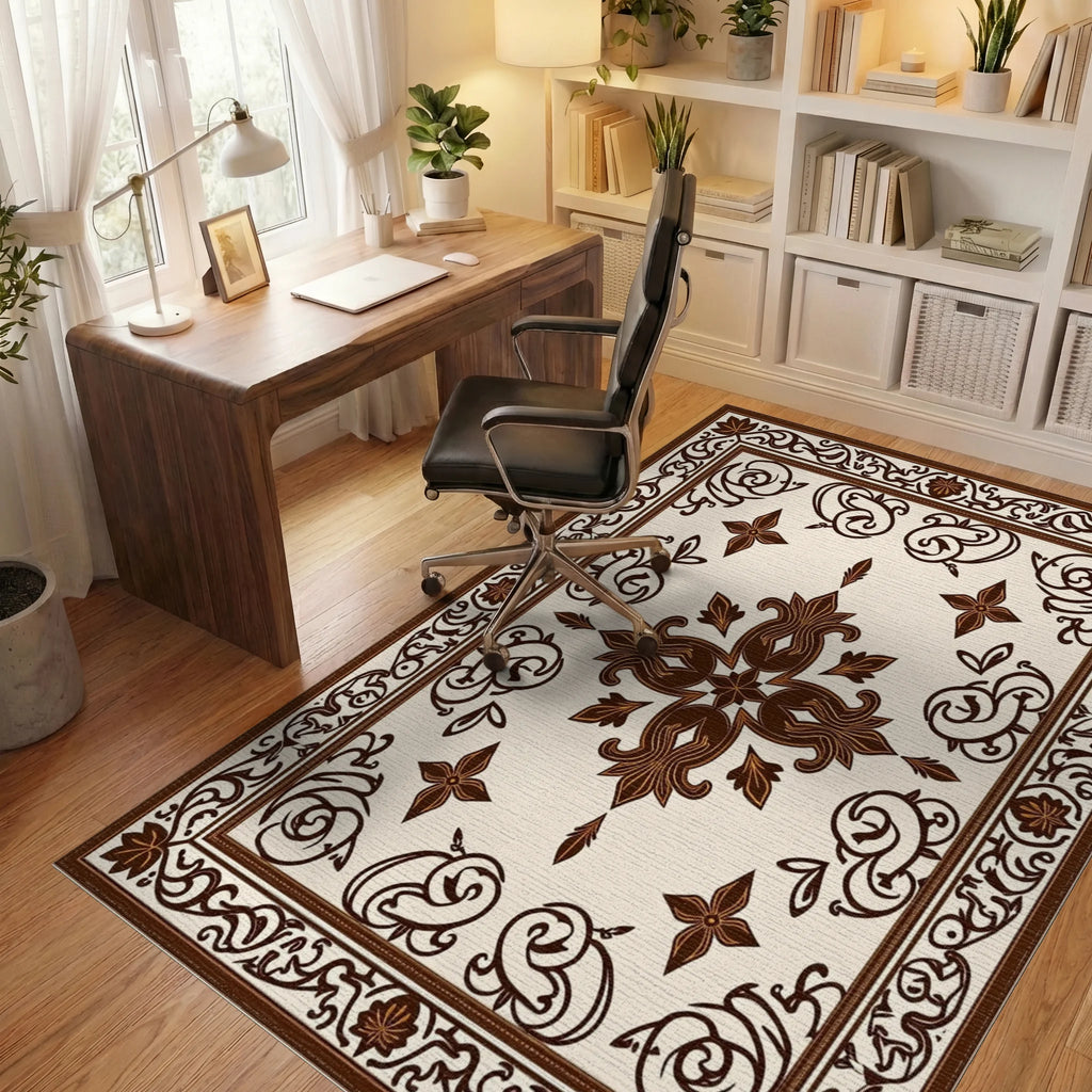 Ornate Dark Brown Floral Border Rug Office View