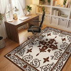 Ornate Dark Brown Floral Border Rug Office View
