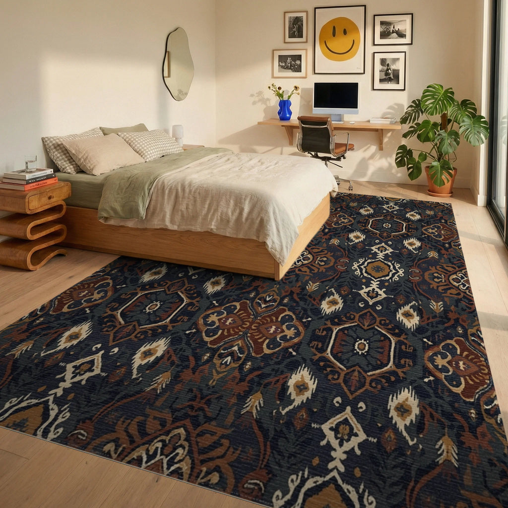 Ornate Earthy Jewel Tone Medallions Rug Bedroom View