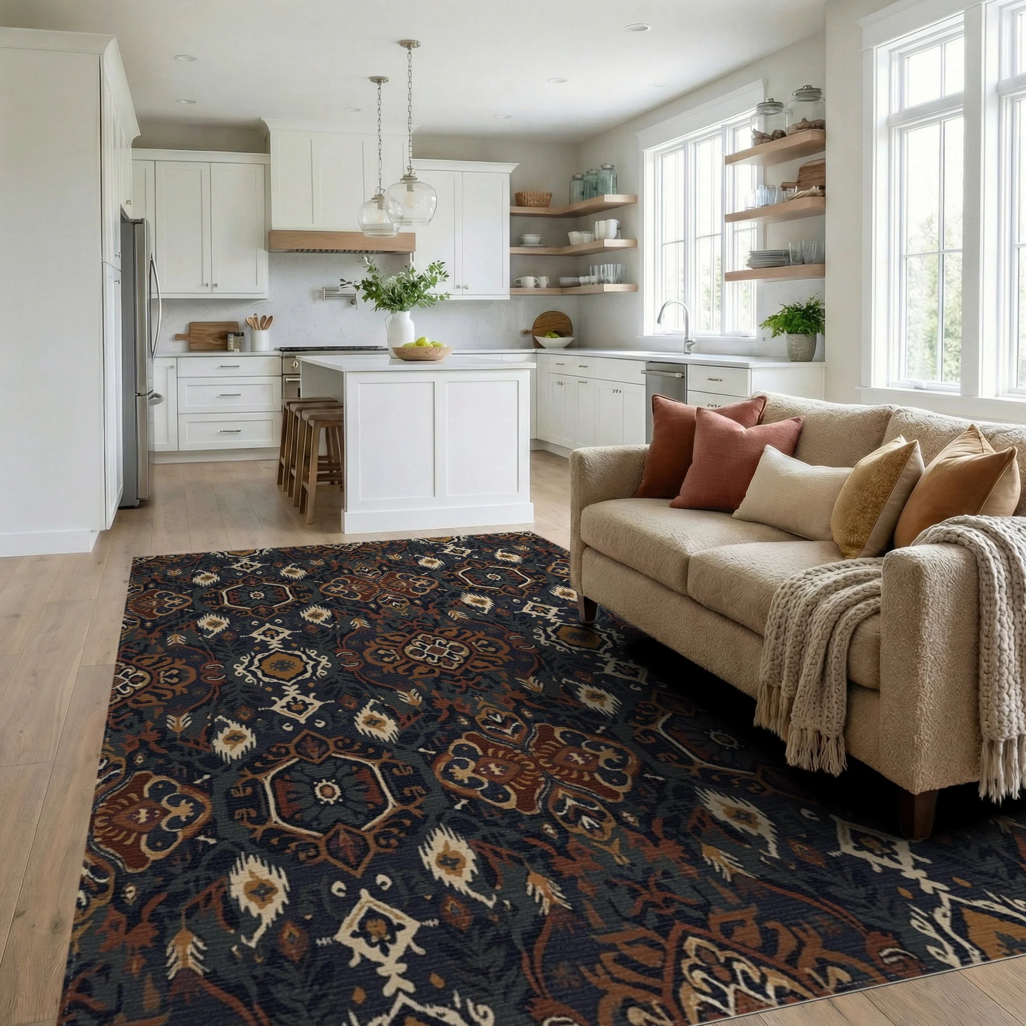 Ornate Earthy Jewel Tone Medallions Rug Living Room View