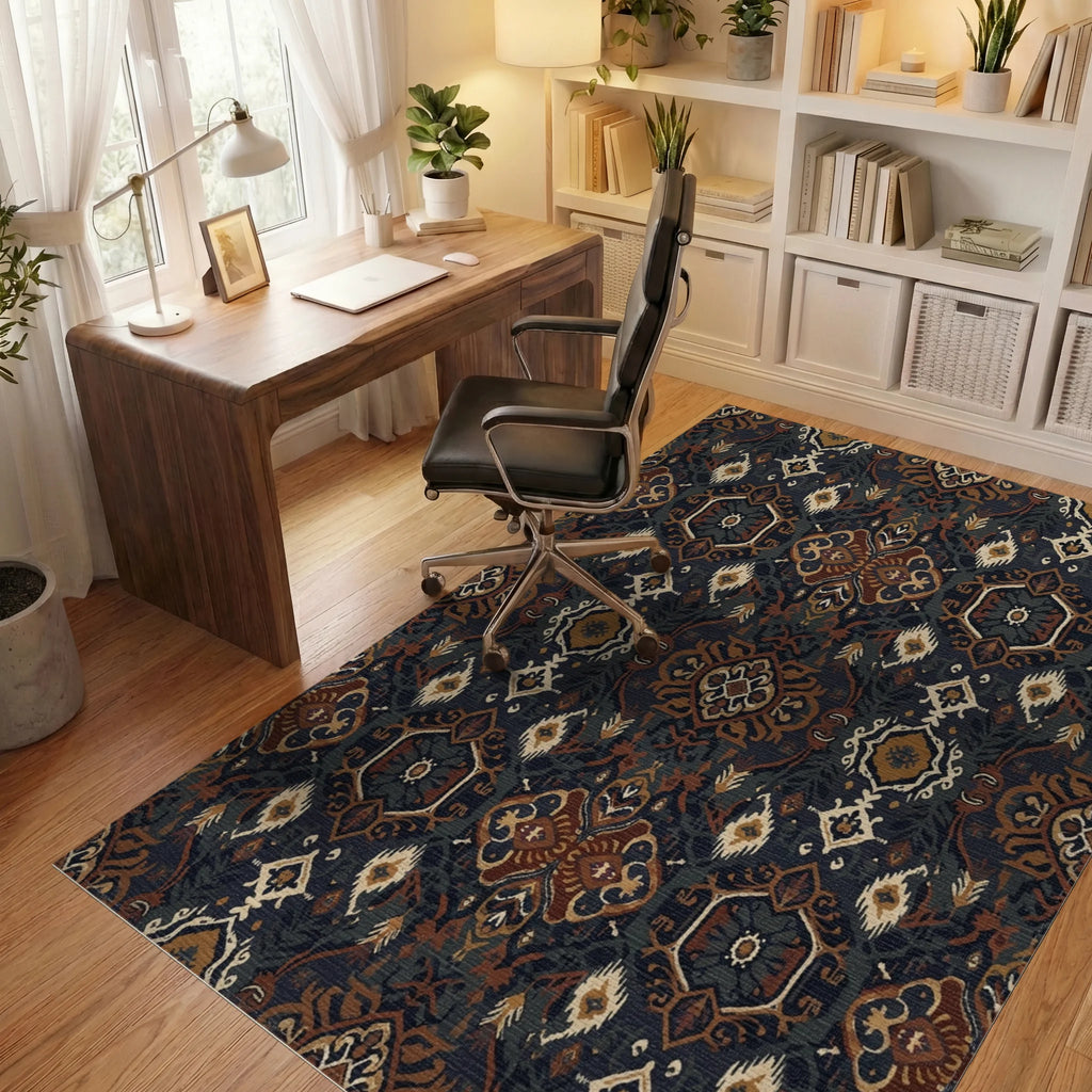 Ornate Earthy Jewel Tone Medallions Rug Office View
