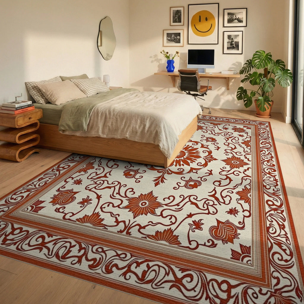 Ornate Floral Border Classic Design Rug Bedroom View