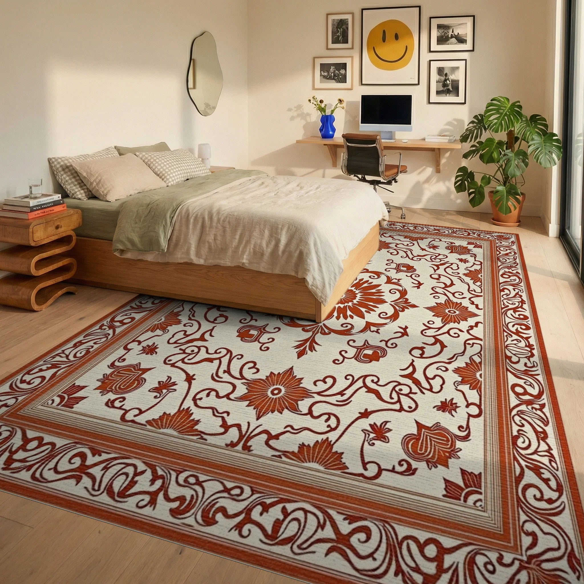 Ornate Floral Border Classic Design Rug Bedroom View
