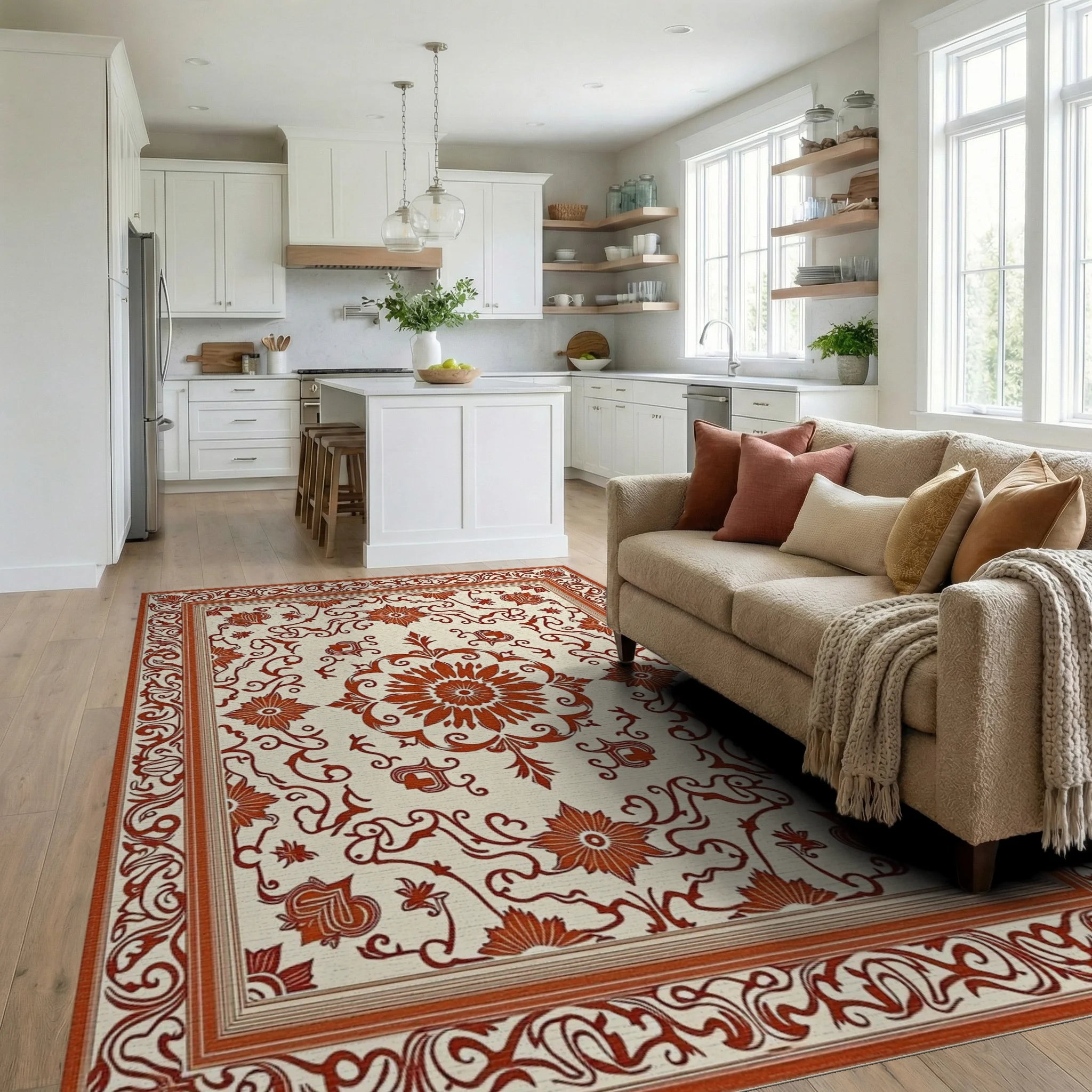 Ornate Floral Border Classic Design Rug Living Room View