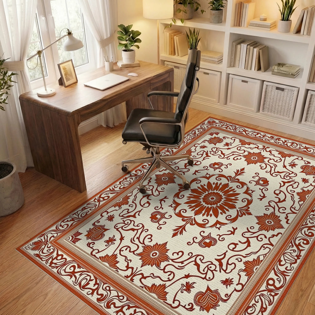 Ornate Floral Border Classic Design Rug Office View