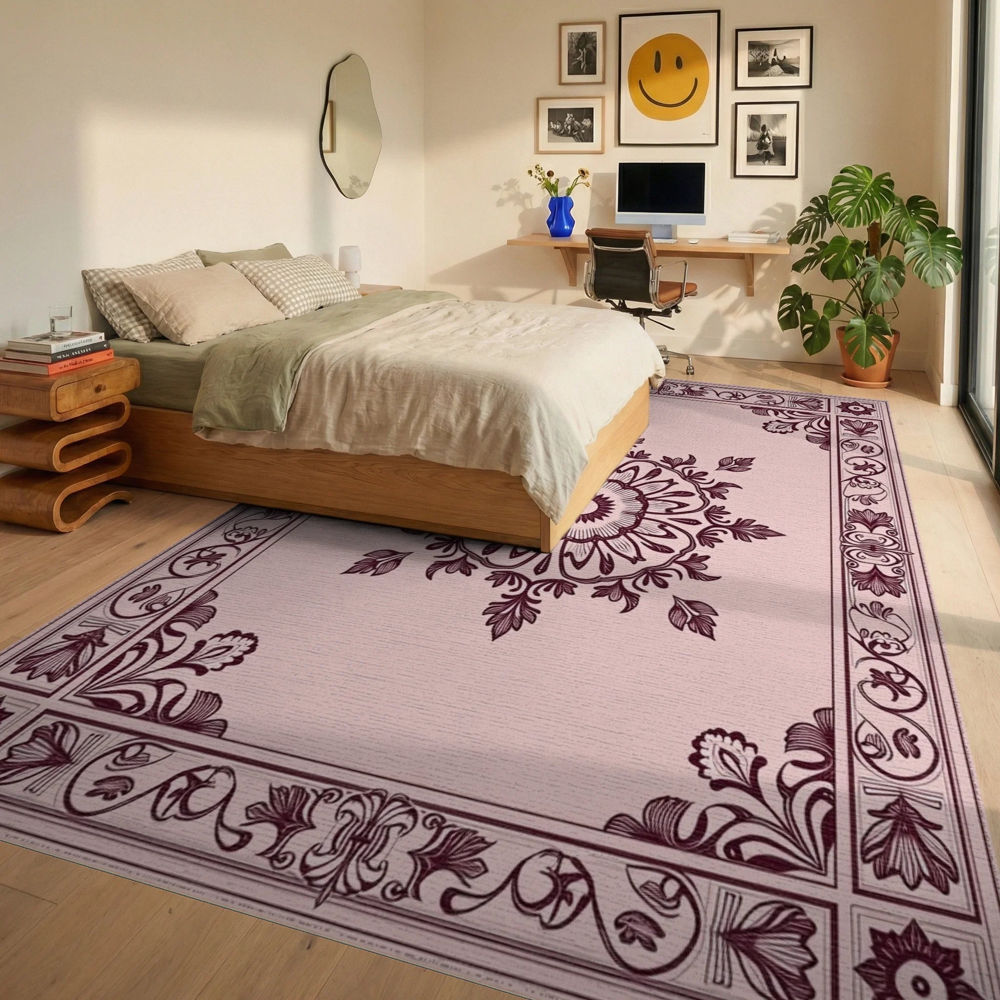 Ornate Floral Mandala Border Design Rug Bedroom View
