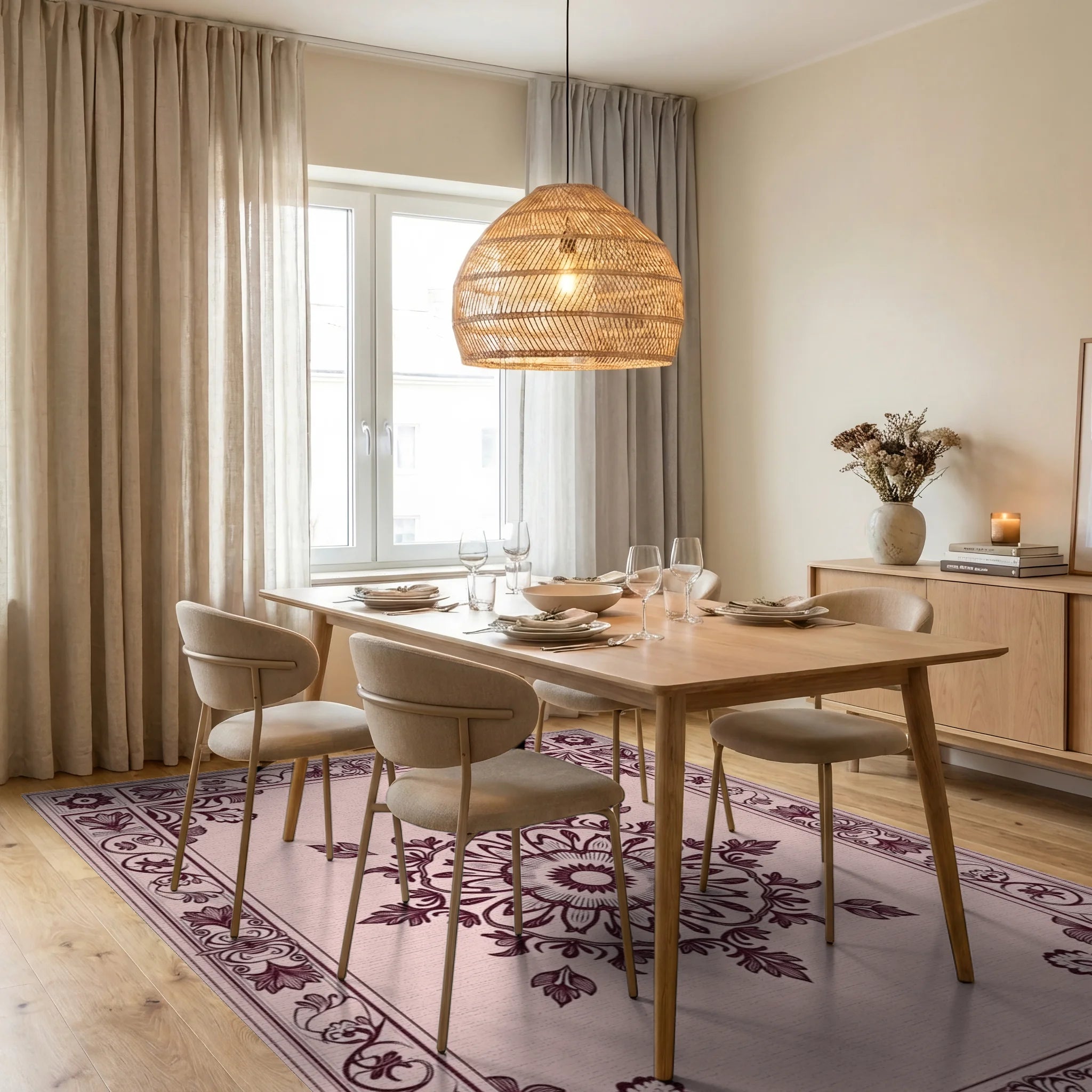 Ornate Floral Mandala Border Design Rug Dining Room View