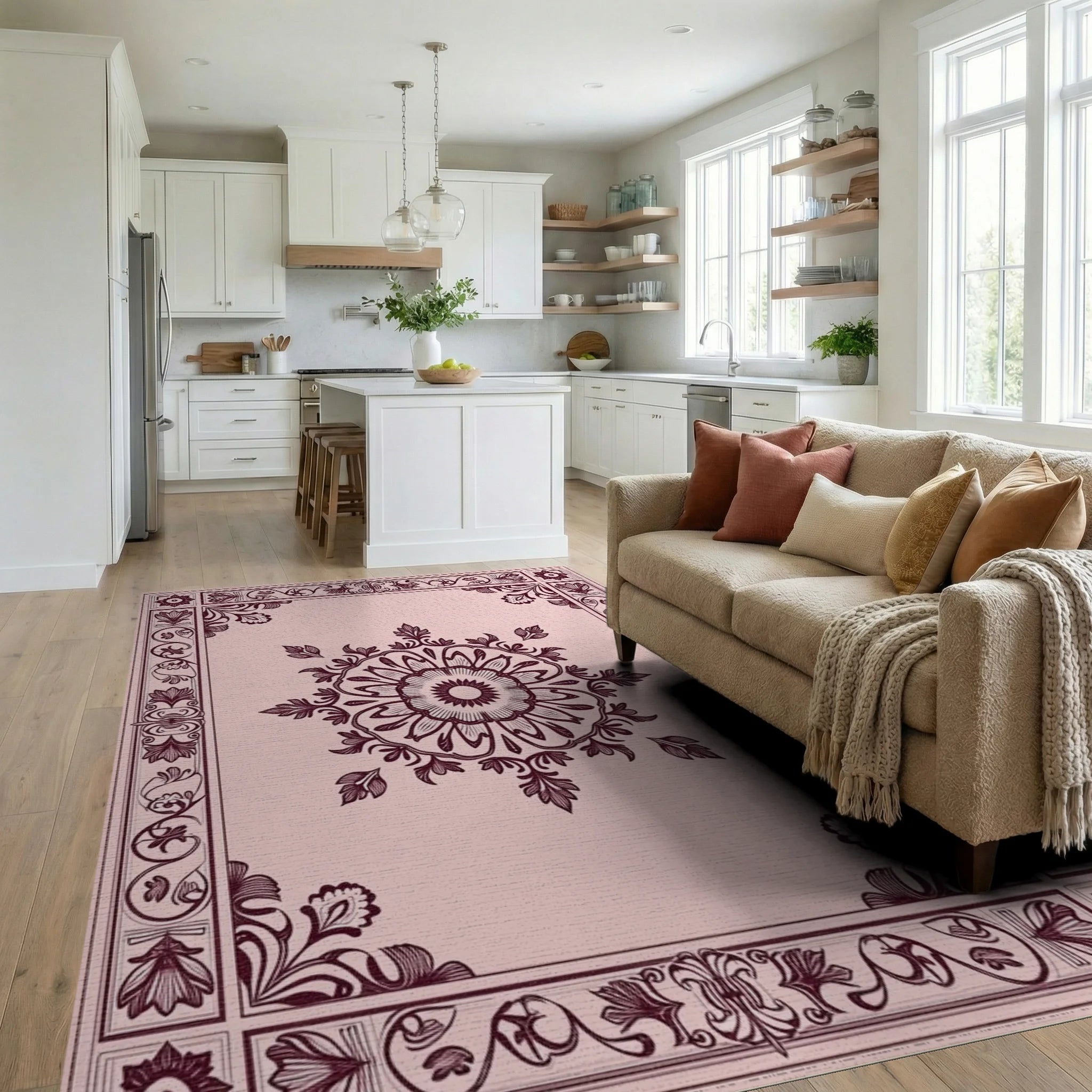 Ornate Floral Mandala Border Design Rug Living Room View