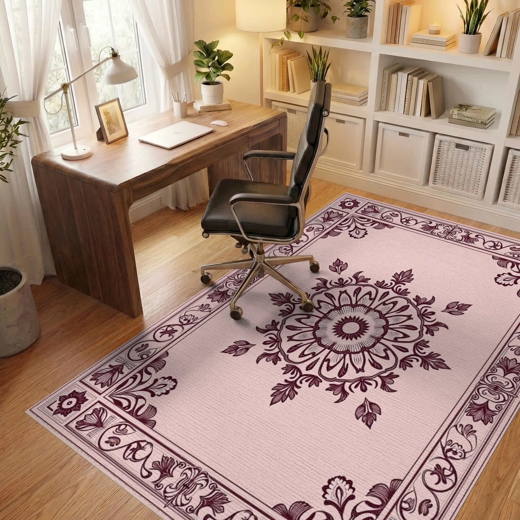 Ornate Floral Mandala Border Design Rug Office View