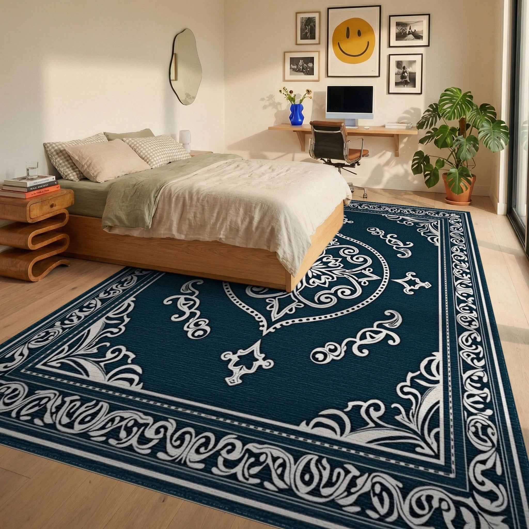 Ornate Floral Medallion Inlaid Geometric Rug Bedroom View