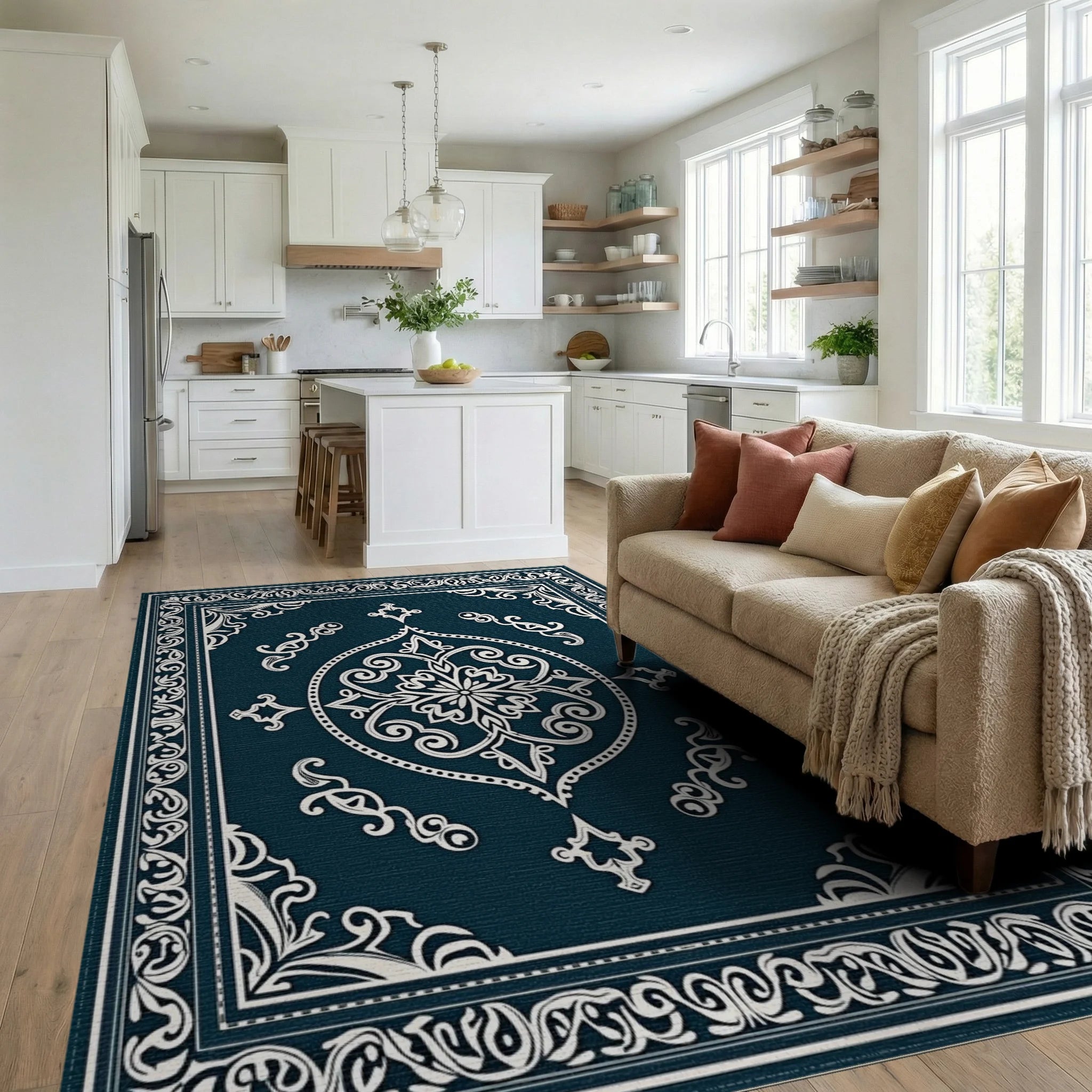 Ornate Floral Medallion Inlaid Geometric Rug Living Room View