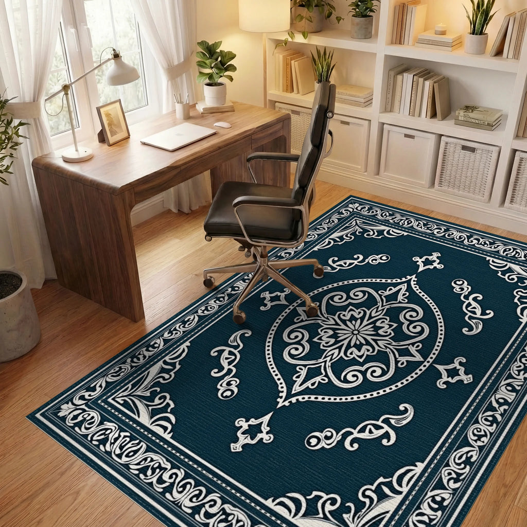Ornate Floral Medallion Inlaid Geometric Rug Office View