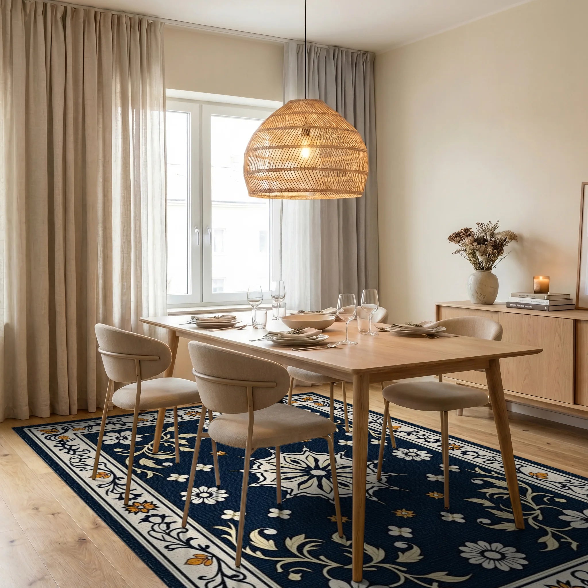 Ornate Floral Medallion Scroll Rug Dining Room View