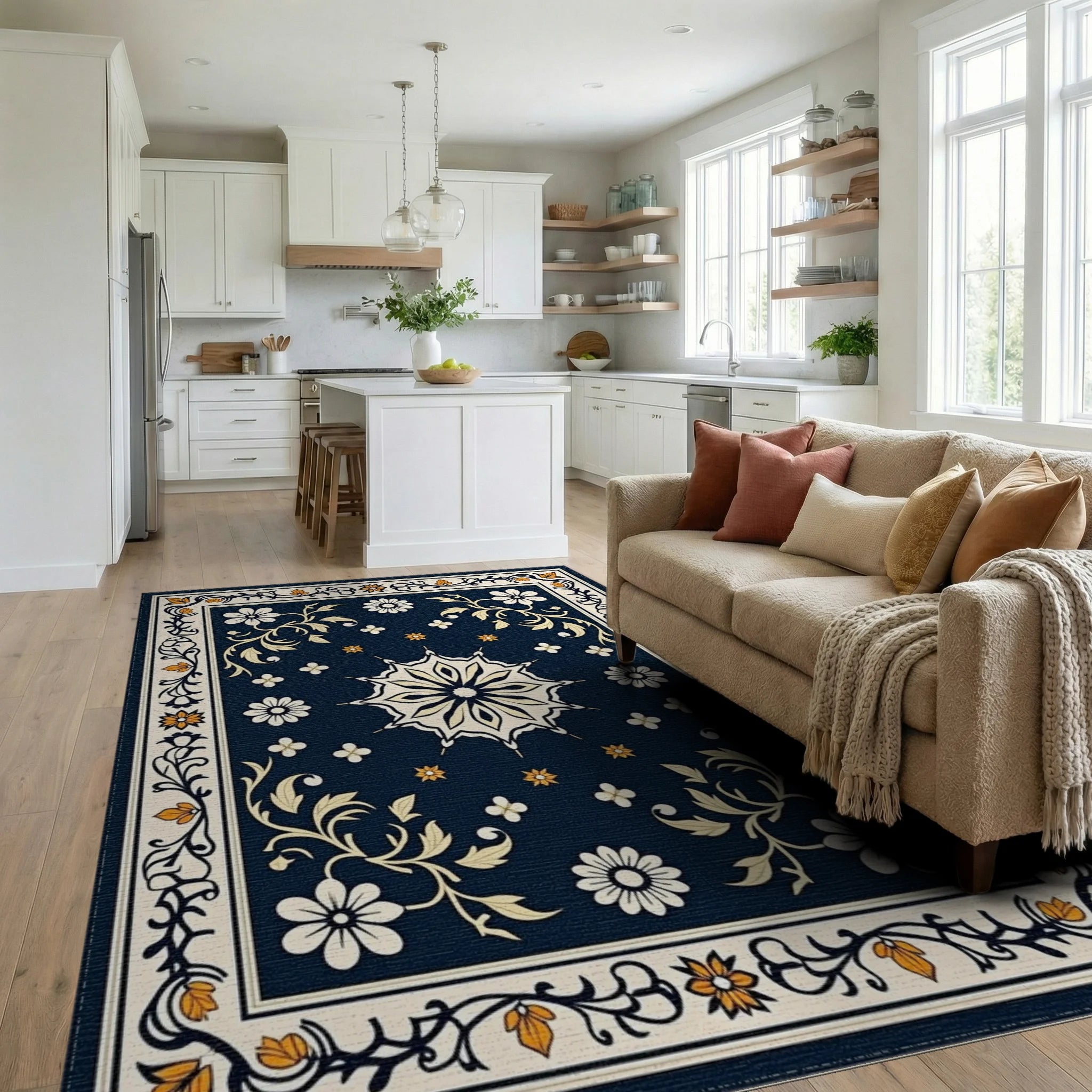 Ornate Floral Medallion Scroll Rug Living Room View